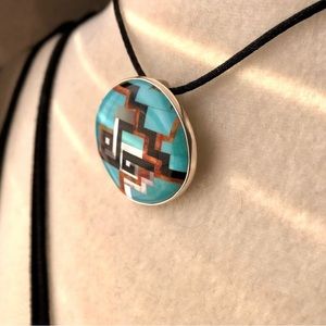 Carolyn Pollack Relios Sterling Silver Turquoise Aztec Mosaic Inlay Pendant